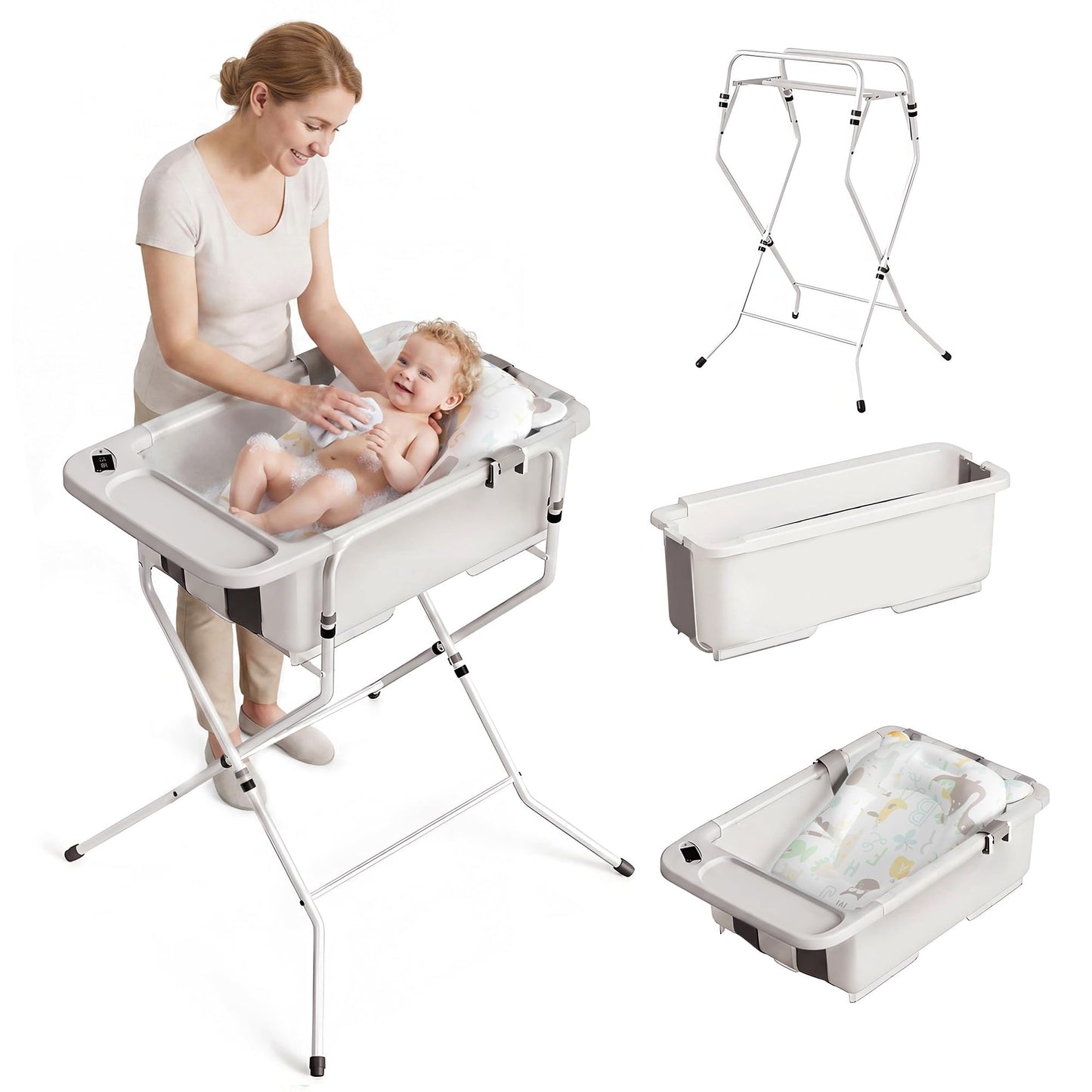 Collapsible Baby Bathtub with Stand - Big Baby Bath Tub with Thermometer | Parents Spine Save Infant Baby Tub Foldable Newborn Toddler Bathtub for Baby Girl Boy 0 to 36 Months