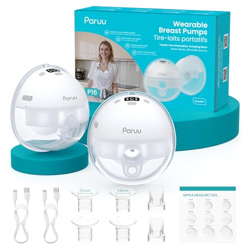 Paruu Hands Free Breast Pump P16, Wearable Breast Pump Electric Portable with 4 Modes & 12 Levels, Max 309mmHg Strong Suction 19/21/24mm Flange Inserts Wearable Breastfeeding Pump, 2 Pack White