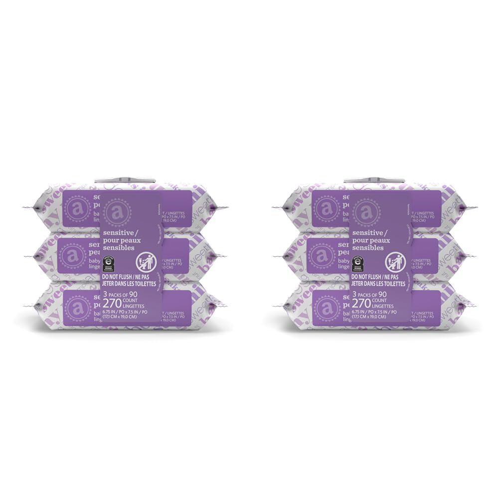 Amazon Elements Baby Wipes, Sensitive, Unscented, Cleans Gently,Flip-Top Packs
