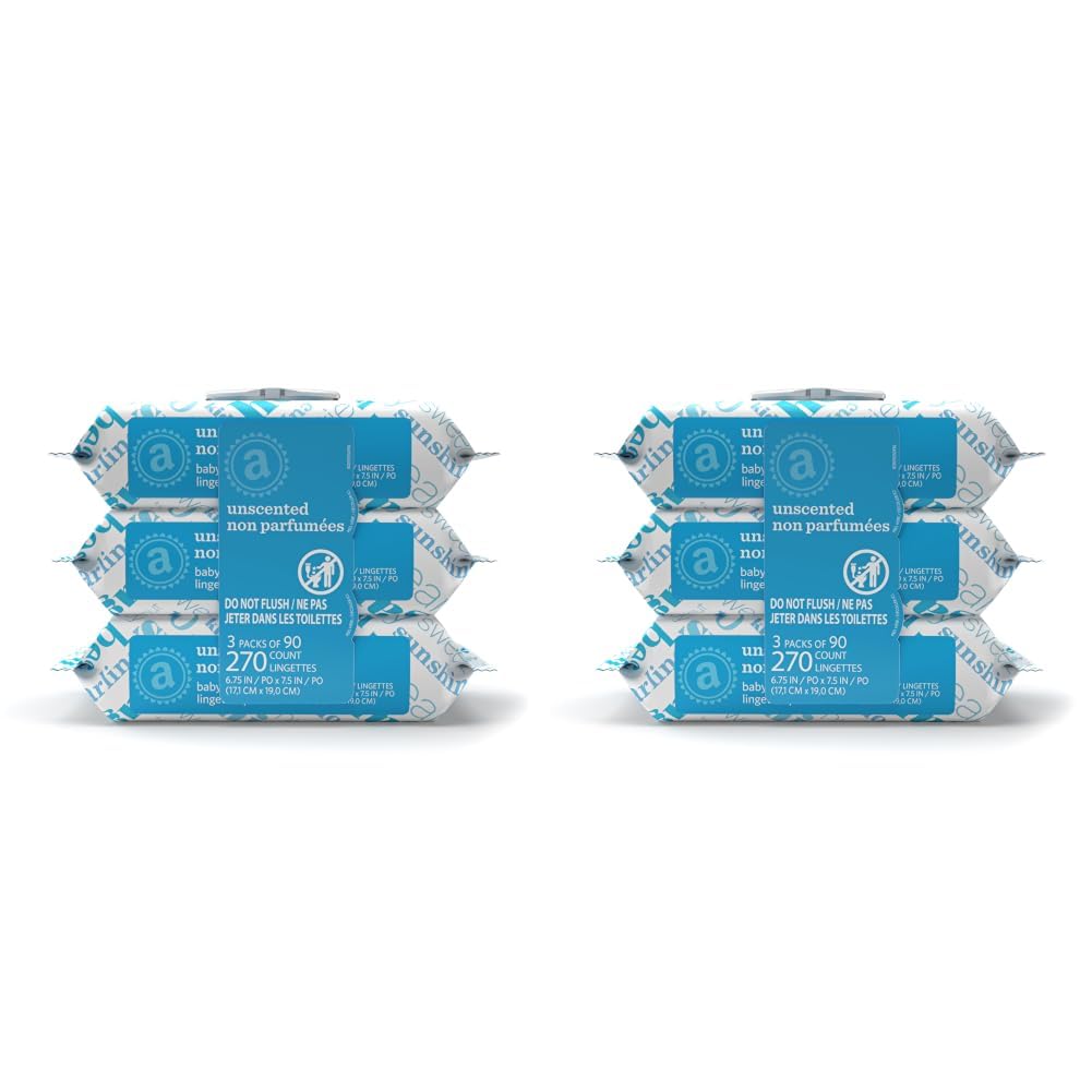 Amazon Elements Baby Wipes, Unscented, Hypoallergenic, Alcohol-Free, With Aloe and Vitamin E,Flip-Top Packs