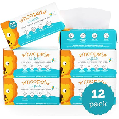 Whoopsie Wipes – The Original 100% Pure Cotton Dry Baby Wipes (1200 Count)