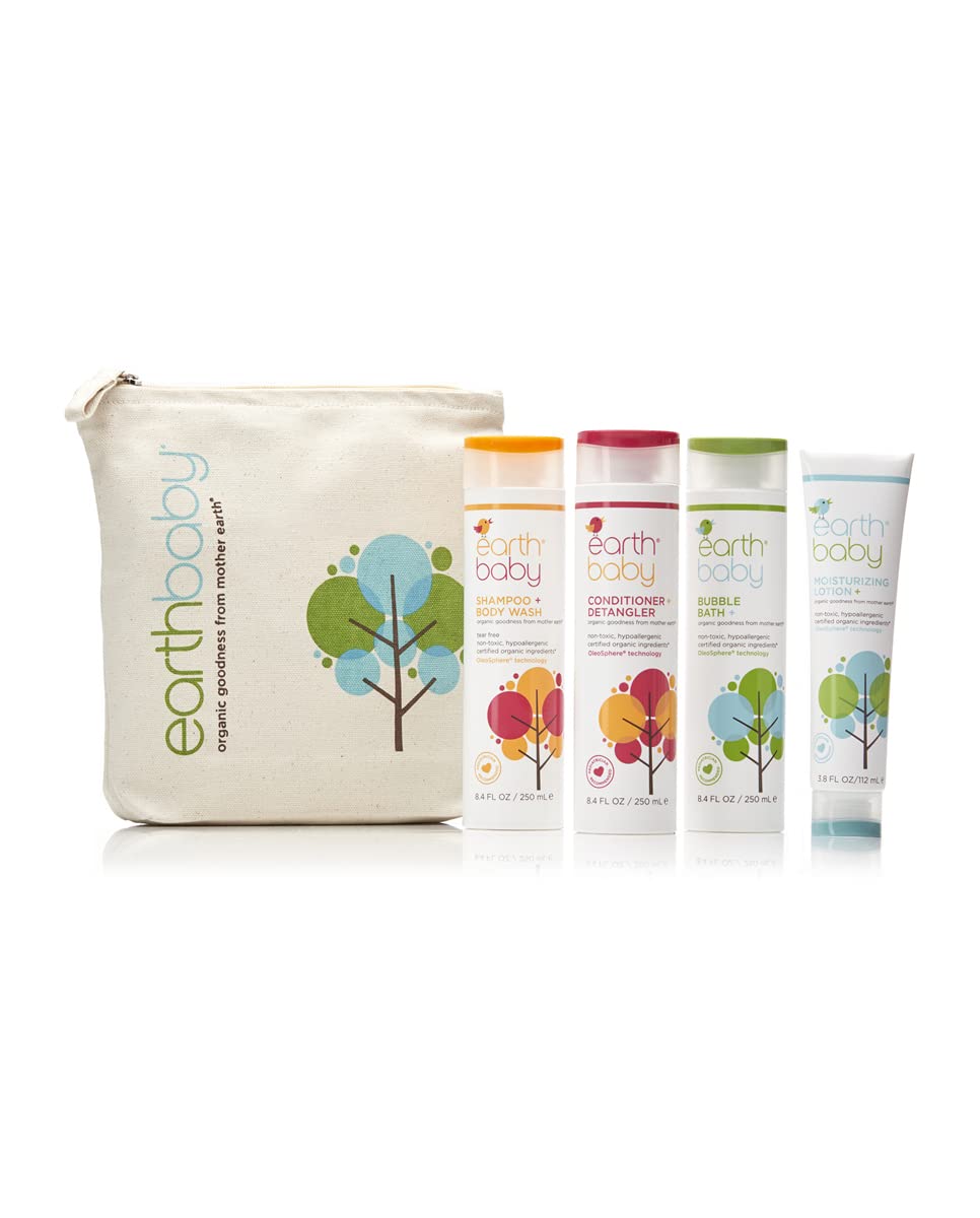 Earth Baby Bath Essential Kit, Hypoallergenic for Sensitive Skin, Natural and Organic, Pediatrician and Dermatologist Tested, Safe for Babies, Toddlers, and Kids