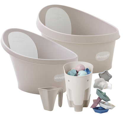 Toddler & Baby Bath Accessories Bundle | Ellie Toy Scoop, Washy Rinse Jug, Stack n Sail Boats, Wishy Sensory Toy - 6-Piece Set, Taupe