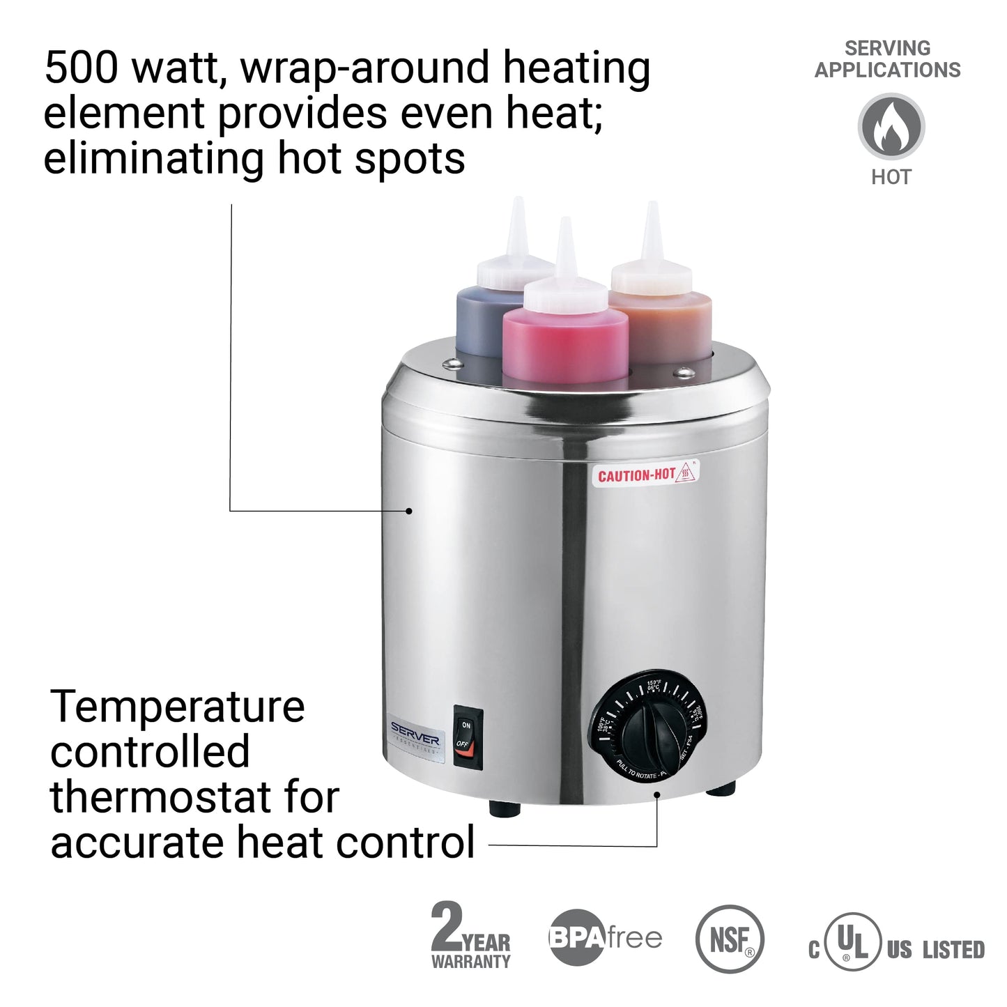 Server Products Signature Touch Squeeze Bottle Warmer (Fits 3), Heat Condiments Toppings and Sauces, Stainless Steel, Model 86810