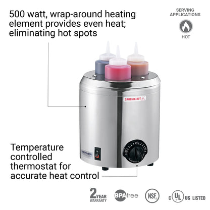Server Products Signature Touch Squeeze Bottle Warmer (Fits 3), Heat Condiments Toppings and Sauces, Stainless Steel, Model 86810