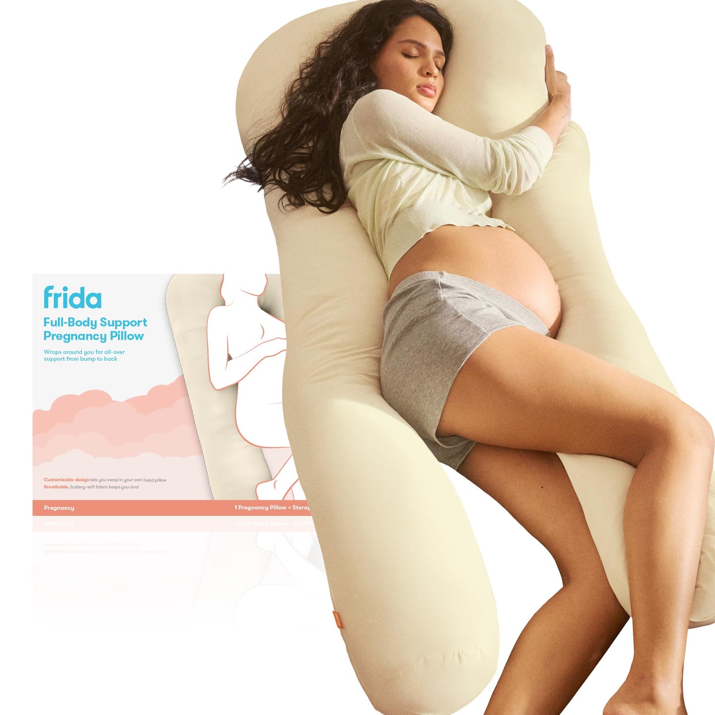 Frida Mom Full Body Support Pregnancy Pillow, Cooling Pregnancy Pillow, Wraps Around for All Over Support, Extended Length to Support from Head to Toe, Easy to Clean, Compact Storage Bag