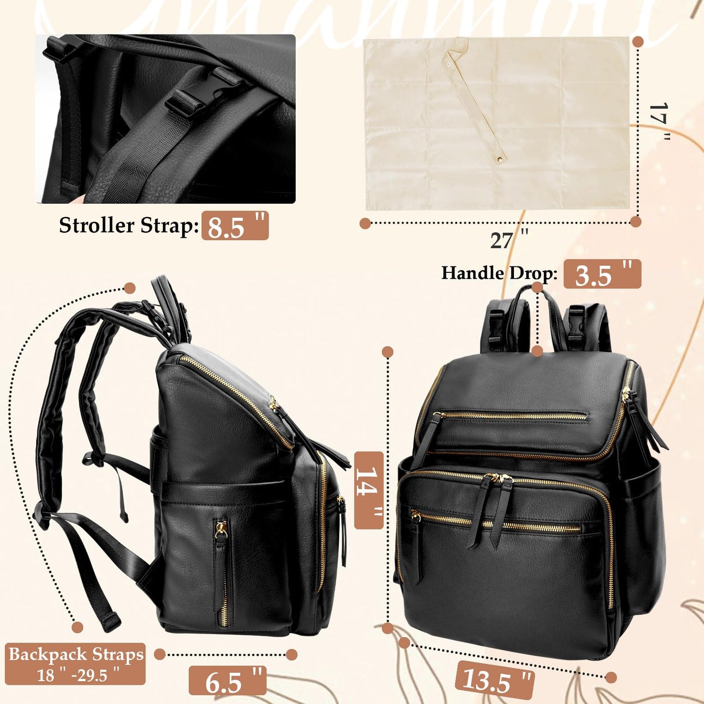 Omanmoli Diaper Bag Backpack Baby Diaper Bag Leather with 17 Diaper Bag Organizing Pouches