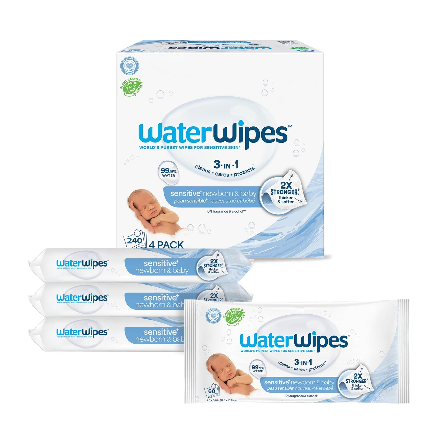 WaterWipes Plastic-Free Original Baby Wipes, 99.9% Water Based Wipes, Unscented & Hypoallergenic for Sensitive Skin