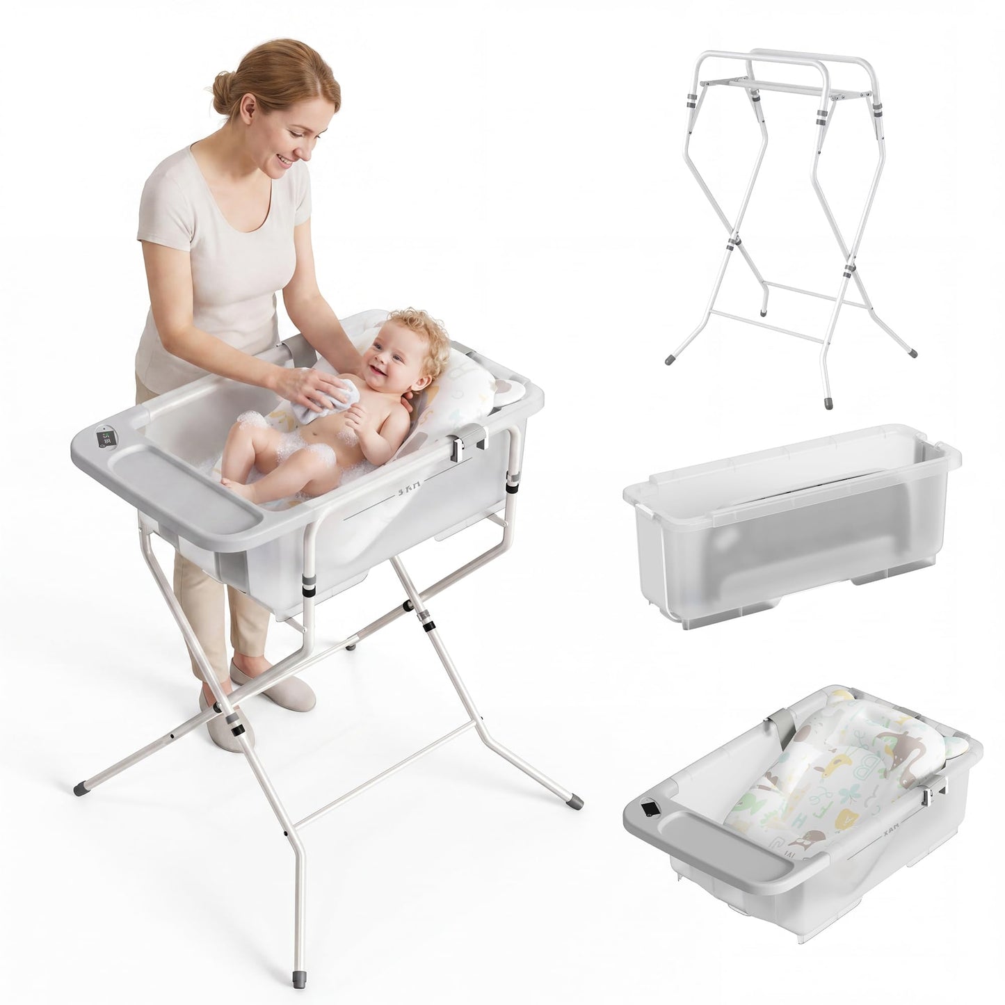 Collapsible Baby Bathtub with Stand - Big Baby Bath Tub with Thermometer | Parents Spine Save Infant Baby Tub Foldable Newborn Toddler Bathtub for Baby Girl Boy 0 to 36 Months