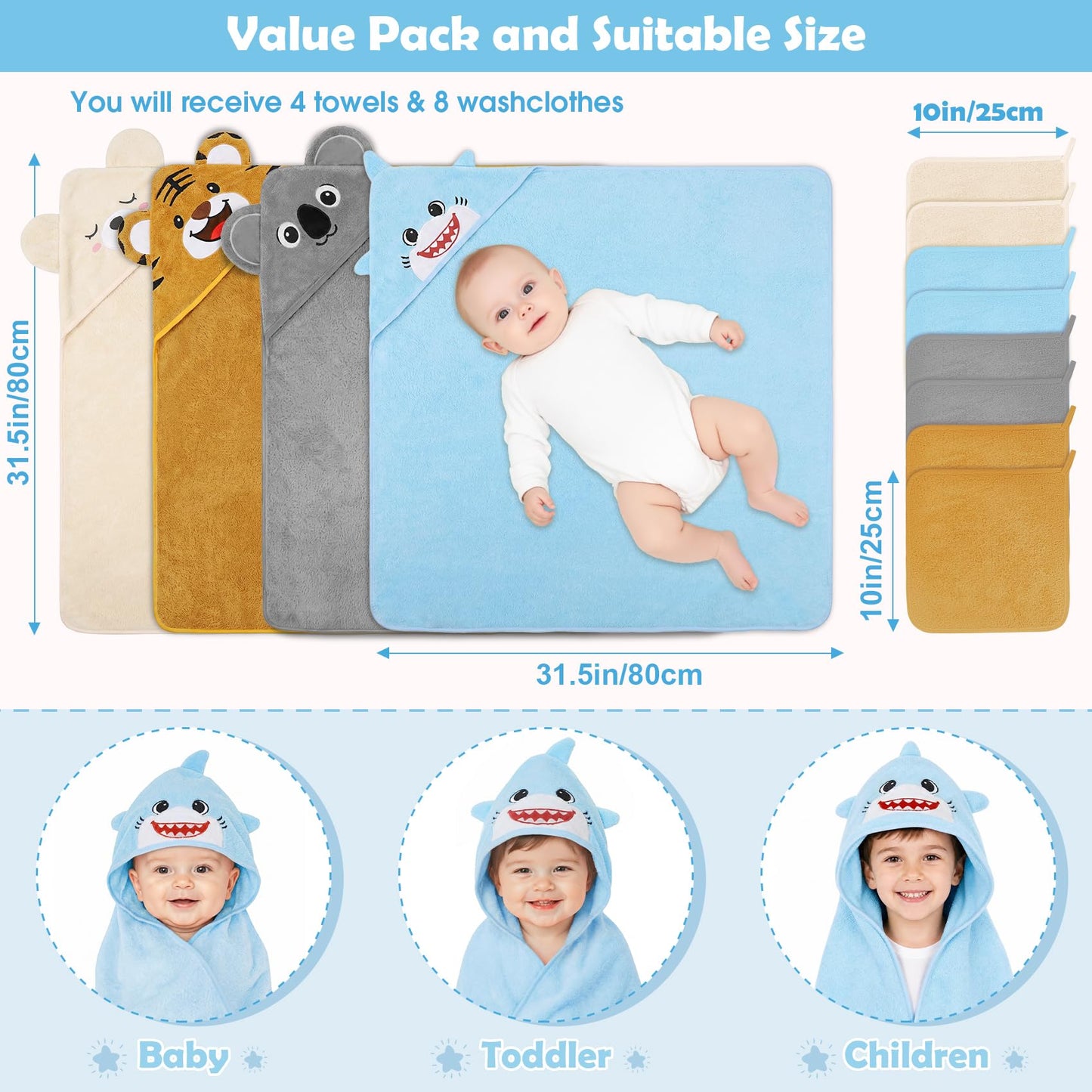 CandyHome 12 PCS Baby Bath Towels Set for Infants Toddlers Essentials