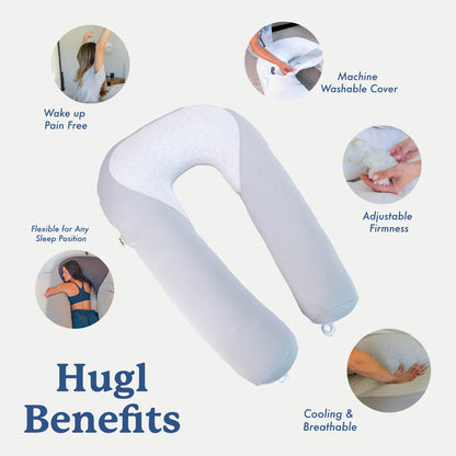 Hugl Cooling Body Pillow for Adults, Kids, and Pets. U Shaped Maternity Pillow, Great for Side Sleepers & Pregnant Women, Plush & Supportive with Machine Washable Cover, Pregnancy Must Haves