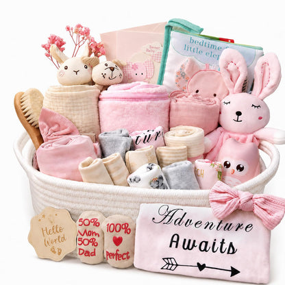Ultimate Baby Shower Gifts for Girls, Newborn Essentials Must Haves,Large Baby Girl Gift Basket Set Essential Stuff,Gender Reveal Gifts,Rattle Swaddle,Pink,Baby Registry Search,Diaper Caddy Organizer