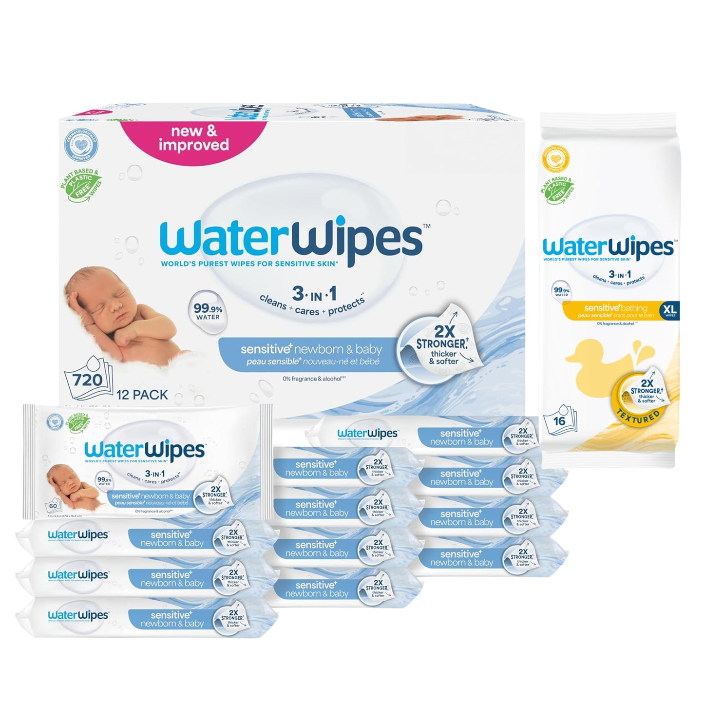 WaterWipes Plastic-Free Original Baby Wipes, 99.9% Water Based Wipes, Unscented & Hypoallergenic for Sensitive Skin