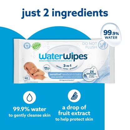 WaterWipes Plastic-Free Original Baby Wipes, 99.9% Water Based Wipes, Unscented & Hypoallergenic for Sensitive Skin