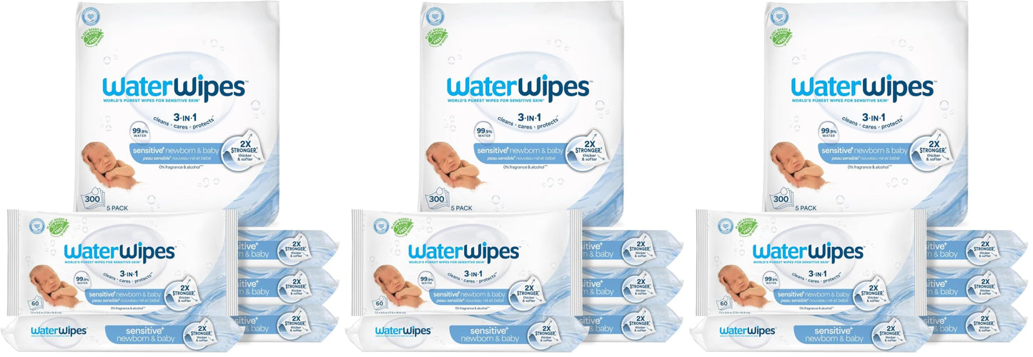 WaterWipes Plastic-Free Original Baby Wipes, 99.9% Water Based Wipes, Unscented & Hypoallergenic for Sensitive Skin