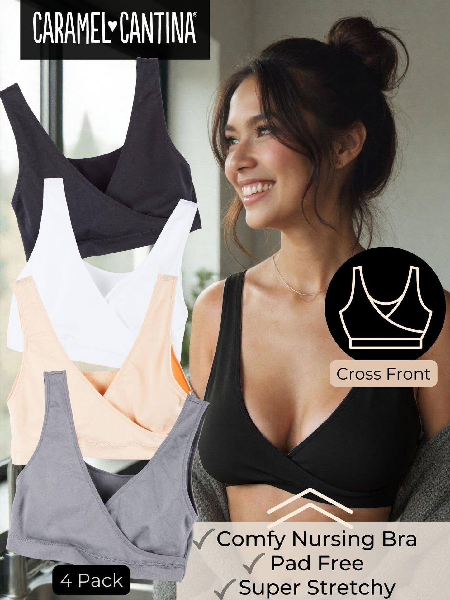 Caramel Cantina 4 Pack Nursing Maternity Women’s Sleep Comfort Bralette Bra