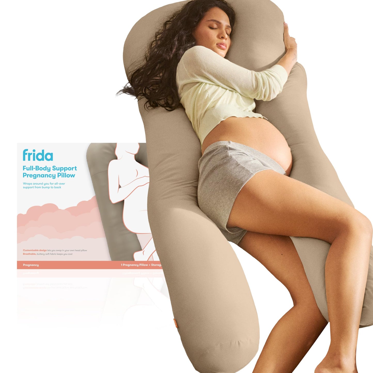 Frida Mom Full Body Support Pregnancy Pillow, Cooling Pregnancy Pillow, Wraps Around for All Over Support, Extended Length to Support from Head to Toe, Easy to Clean, Compact Storage Bag