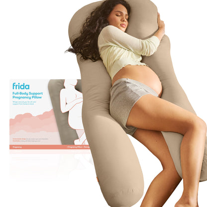 Frida Mom Full Body Support Pregnancy Pillow, Cooling Pregnancy Pillow, Wraps Around for All Over Support, Extended Length to Support from Head to Toe, Easy to Clean, Compact Storage Bag