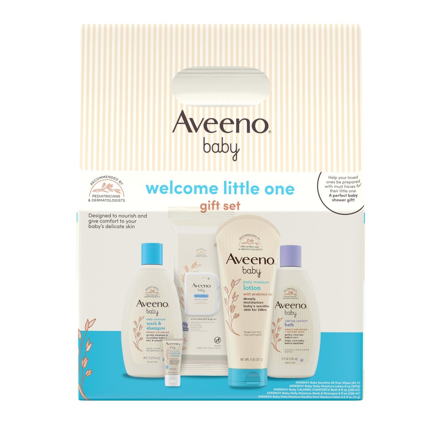 Aveeno Baby Welcome Little One Gift Set, Baby Skincare Set with Nourishing Baby Body Wash & Shampoo, Calming Bath Wash, All Over Baby Wipes, Daily Moisturizing Lotion, & Baby Balm, 10 Items, Pack of 2