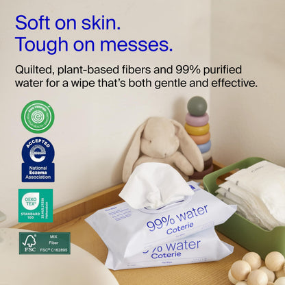 Coterie Baby Wipes for Sensitive Skin, Plant-Based and Plastic-Free Fibers, 99% Water, Hypoallergenic, pH Balanced, Unscented, Clean and Gentle Baby Essentials