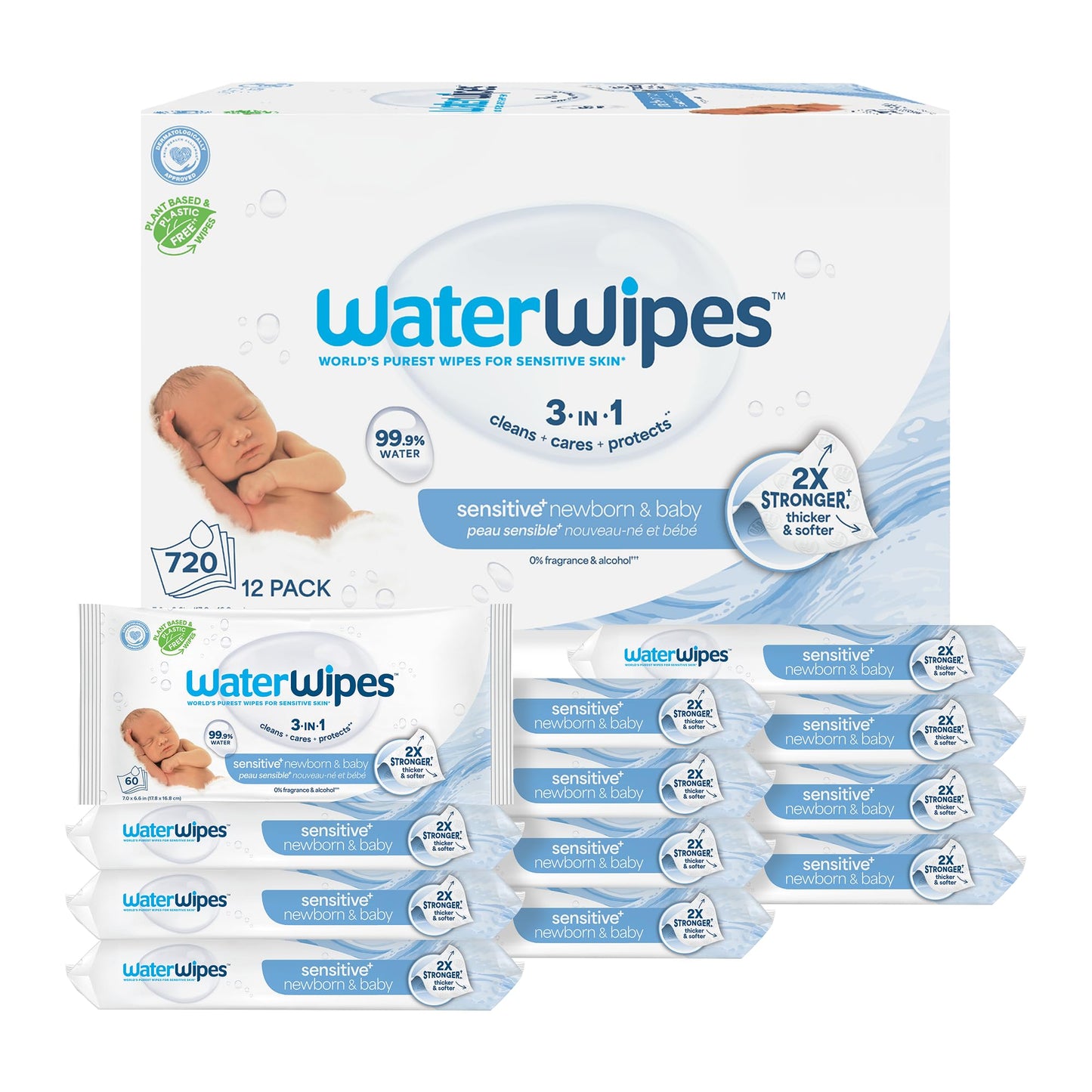 WaterWipes Plastic-Free Original Baby Wipes, 99.9% Water Based Wipes, Unscented & Hypoallergenic for Sensitive Skin