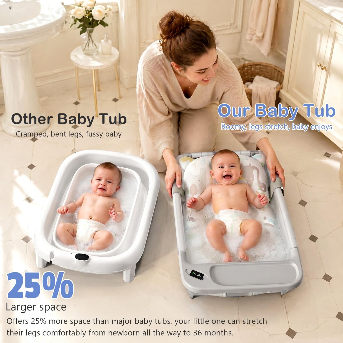 Collapsible Baby Bathtub with Stand - Big Baby Bath Tub with Thermometer | Parents Spine Save Infant Baby Tub Foldable Newborn Toddler Bathtub for Baby Girl Boy 0 to 36 Months