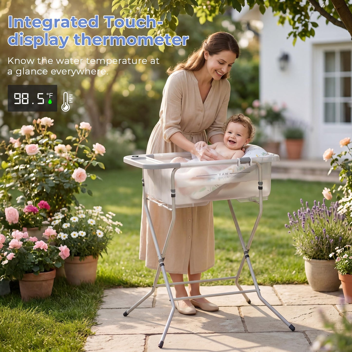 Collapsible Baby Bathtub with Stand - Big Baby Bath Tub with Thermometer | Parents Spine Save Infant Baby Tub Foldable Newborn Toddler Bathtub for Baby Girl Boy 0 to 36 Months