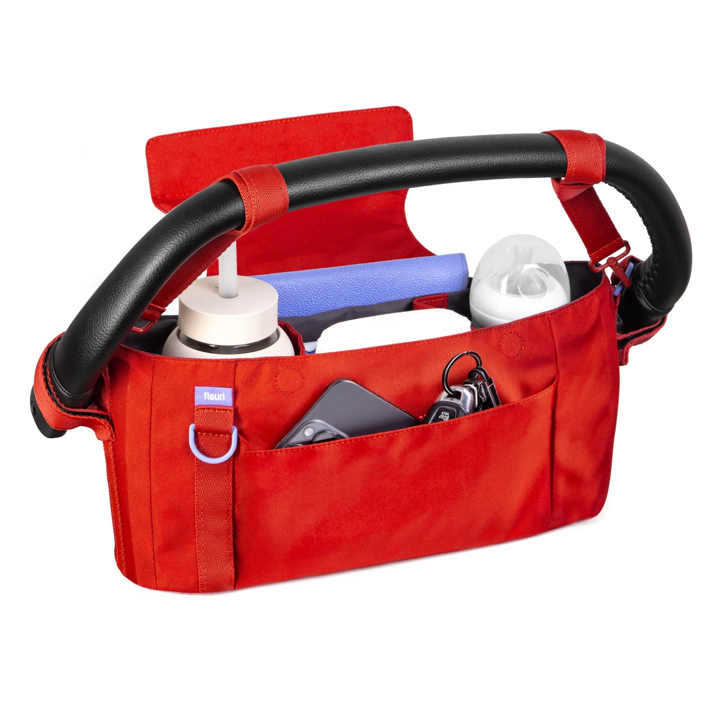 Ubbi Fleuri Anywhere Stroller Organizer, Features Front Zippered Pocket, 2 Cup Holders, Mesh Bag, Fits Most Strollers