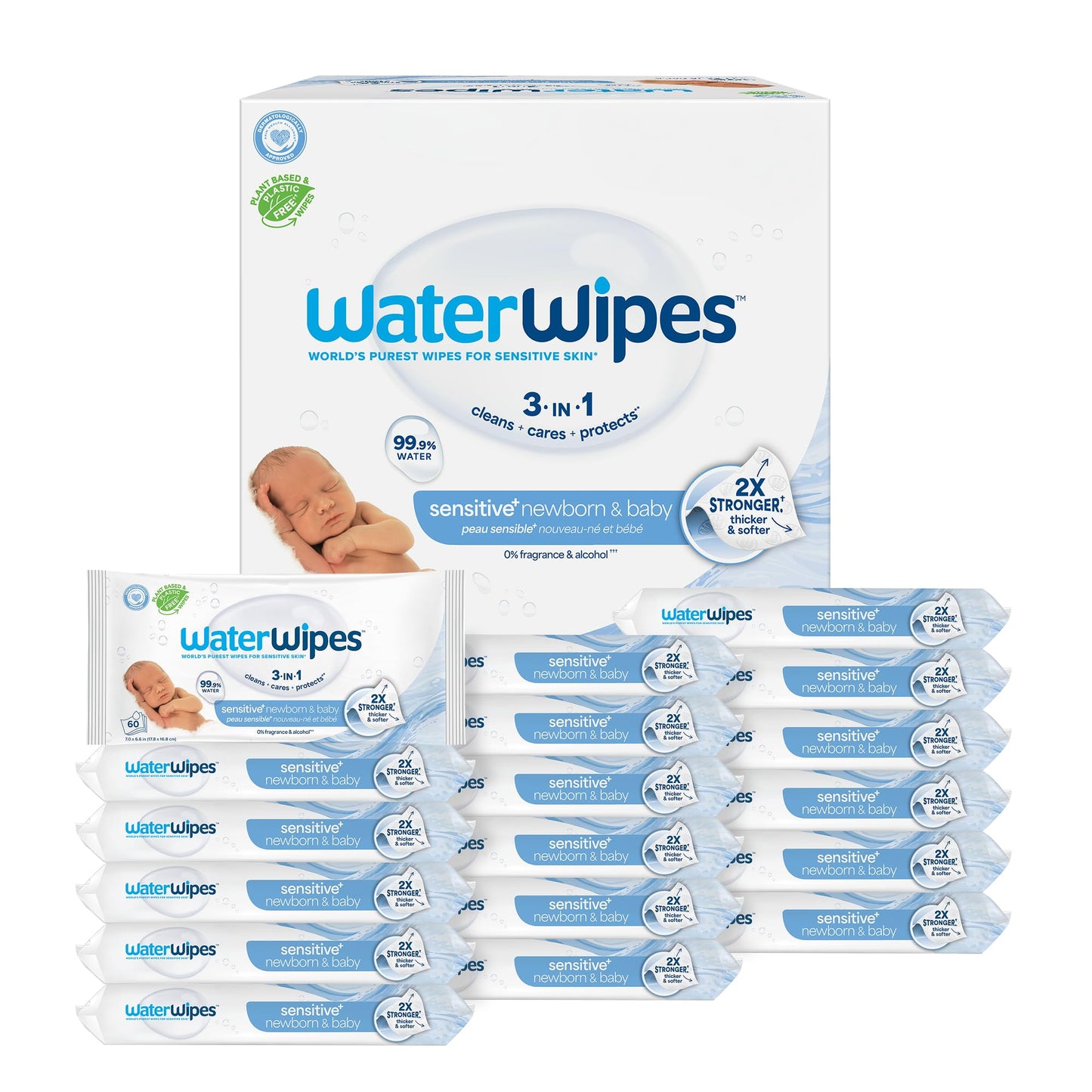 WaterWipes Plastic-Free Original Baby Wipes, 99.9% Water Based Wipes, Unscented & Hypoallergenic for Sensitive Skin