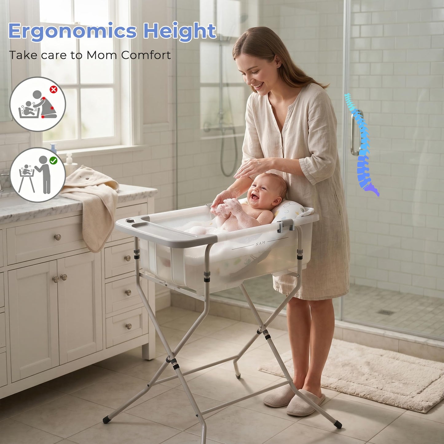 Collapsible Baby Bathtub with Stand - Big Baby Bath Tub with Thermometer | Parents Spine Save Infant Baby Tub Foldable Newborn Toddler Bathtub for Baby Girl Boy 0 to 36 Months