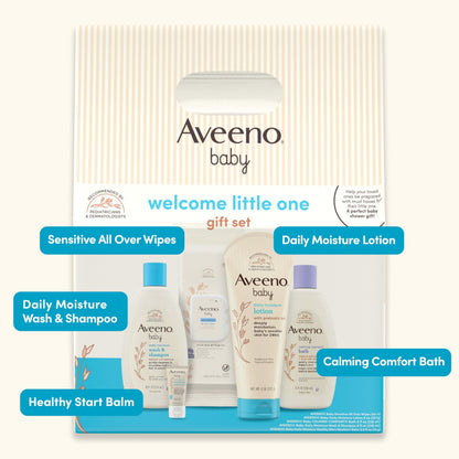 Aveeno Baby Welcome Little One Gift Set, Baby Skincare Set with Nourishing Baby Body Wash & Shampoo, Calming Bath Wash, All Over Baby Wipes, Daily Moisturizing Lotion, & Baby Balm, 10 Items, Pack of 2