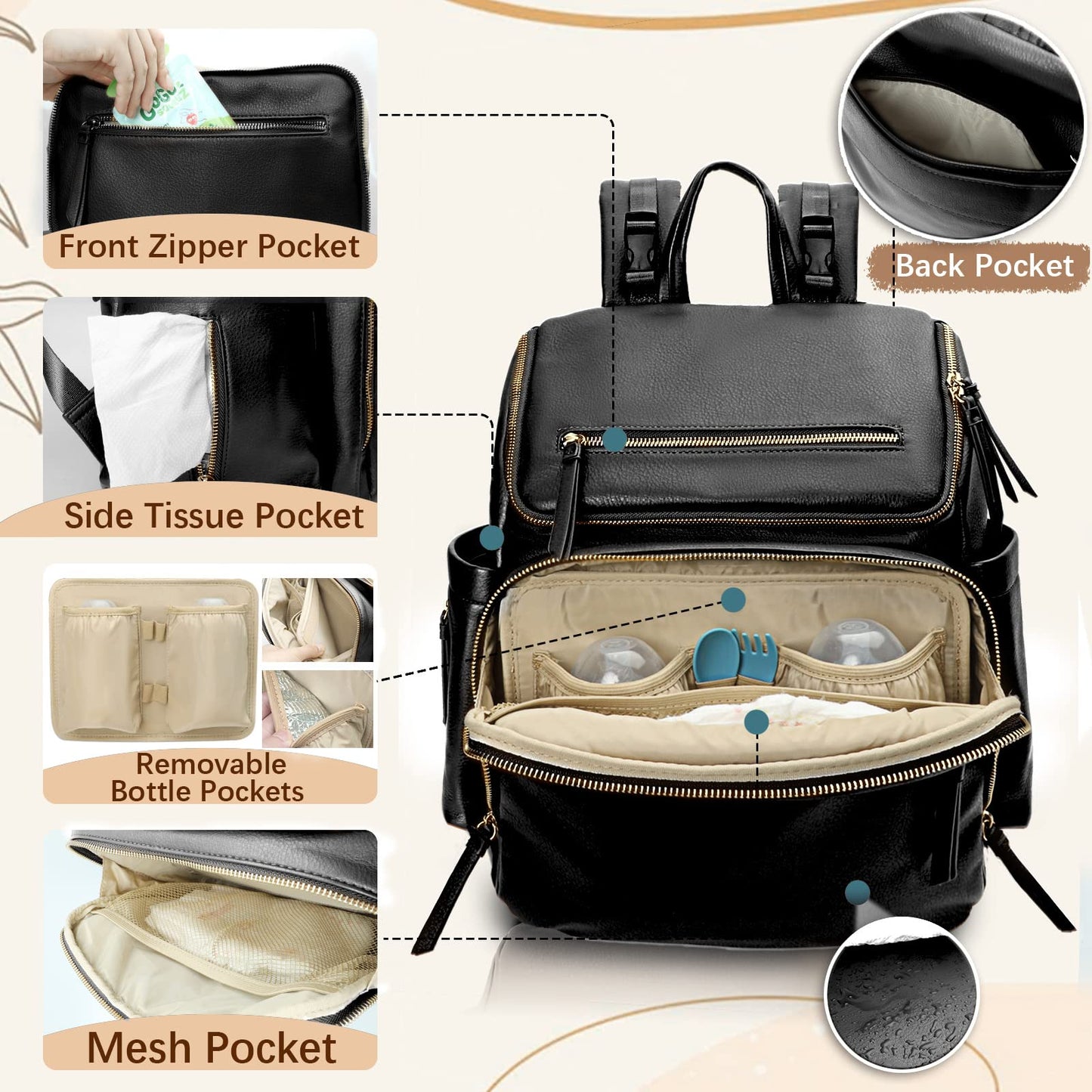 Omanmoli Diaper Bag Backpack Baby Diaper Bag Leather with 17 Diaper Bag Organizing Pouches